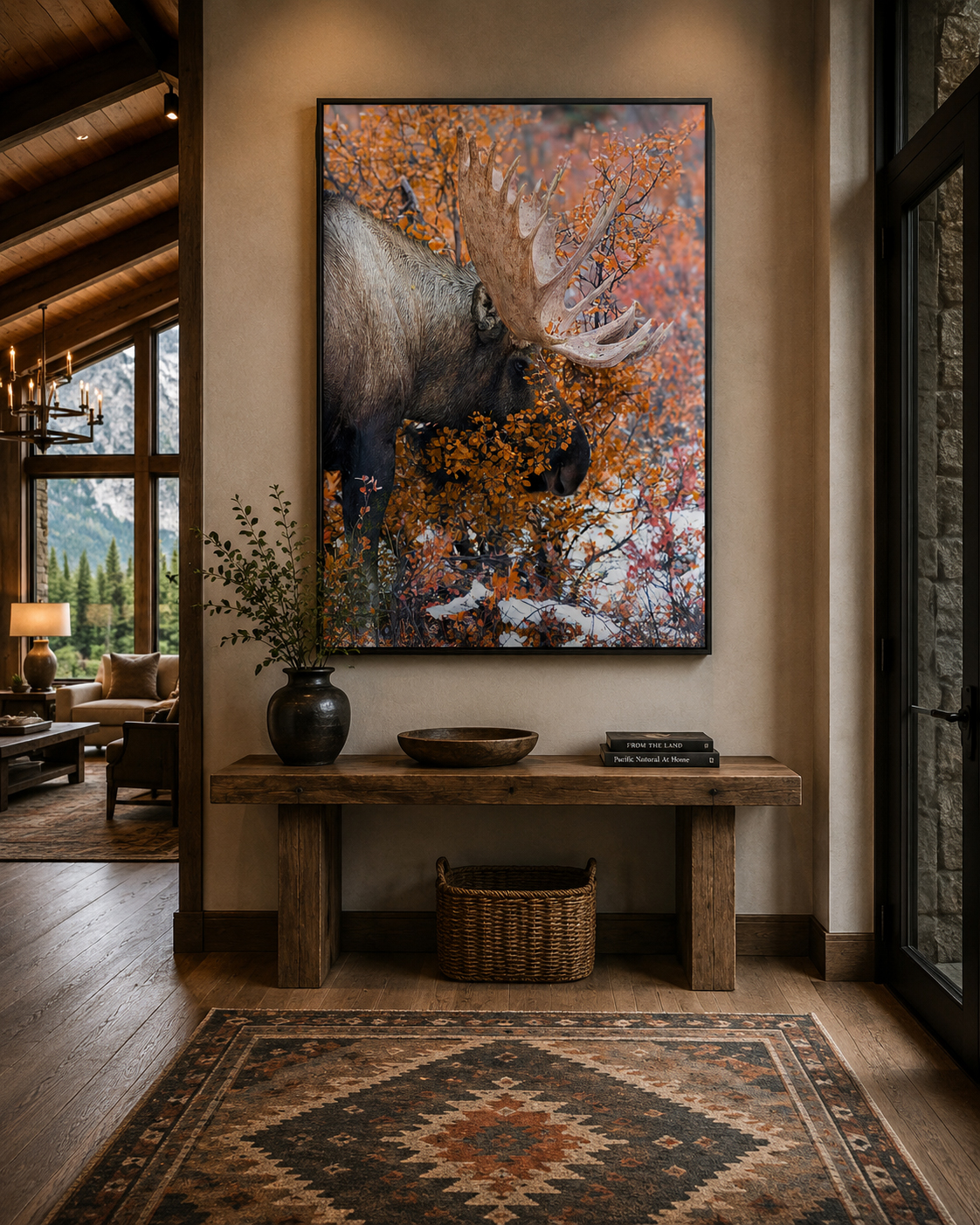 Large bull moose autumn wildlife photography print in a rustic mountain home entryway with warm wood interiors by Dan Sproul